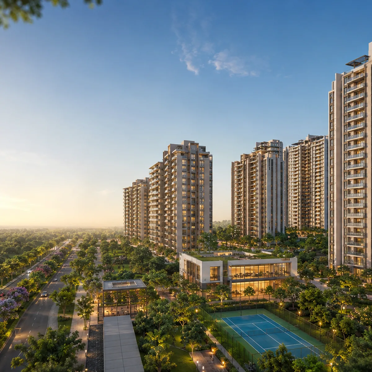 Purva Sanna Amanikere aerial view of the anticipated tower cluster and central green spine within the 9.73-acre community at Sanna Amanikere, Devanahalli