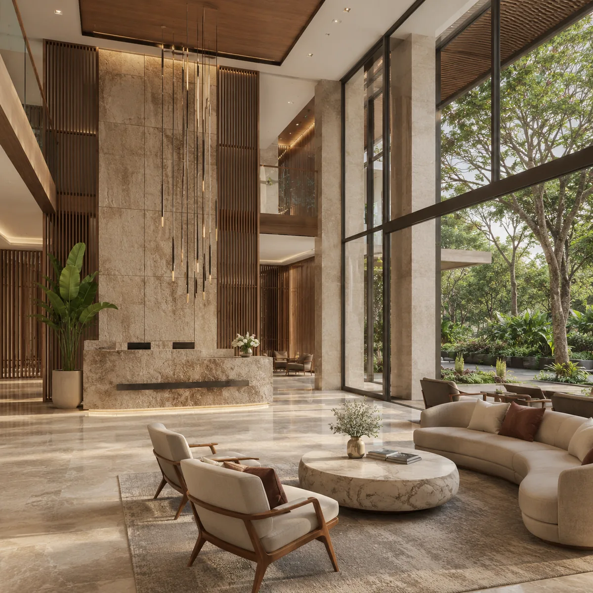 Purva Sanna Amanikere clubhouse precinct opening onto the pool deck with the towers behind
