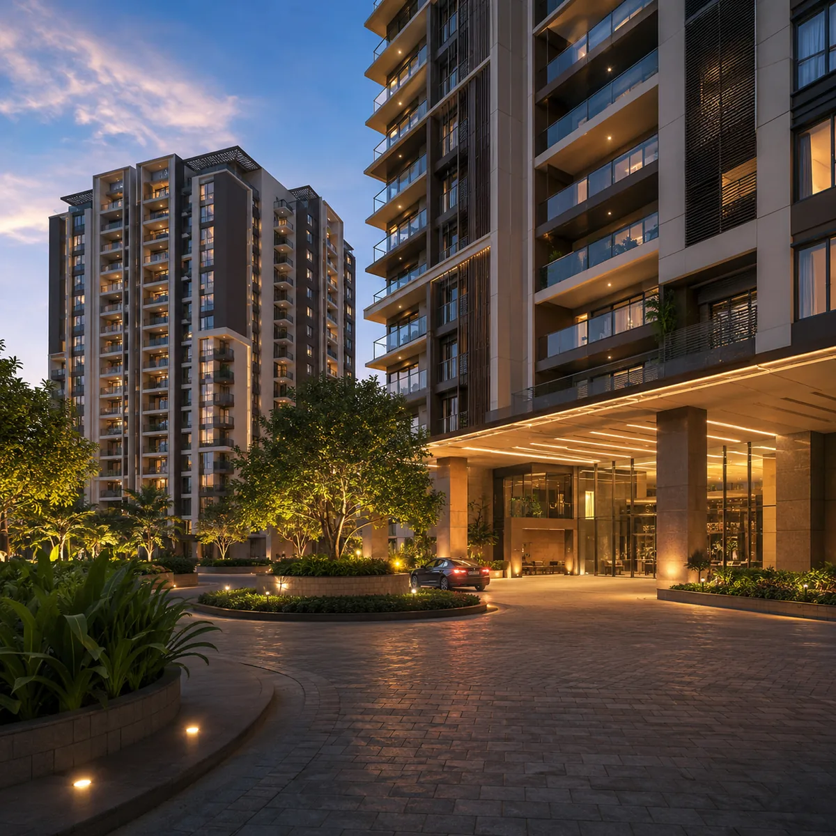 Purva Sanna Amanikere tower exterior rising over the landscaped arrival court on the North Bengaluru airport corridor