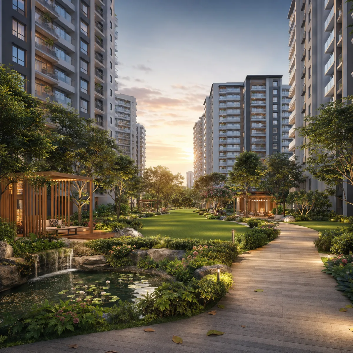 Purva Sanna Amanikere central landscaped green spine with walkways and seating courts threading between the towers