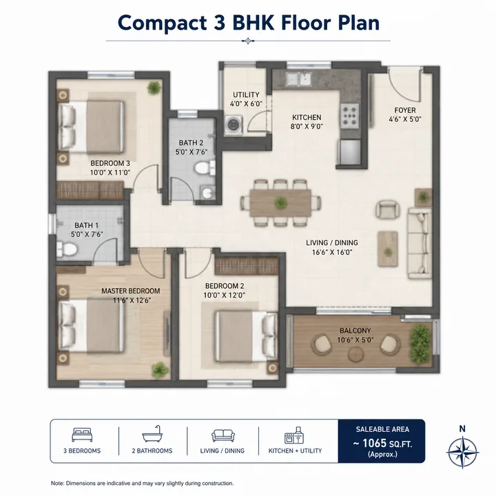 Purva Sanna Amanikere 3 BHK (compact) floor plan layout