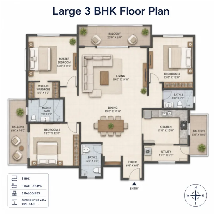 Purva Sanna Amanikere 3 BHK (large) floor plan layout